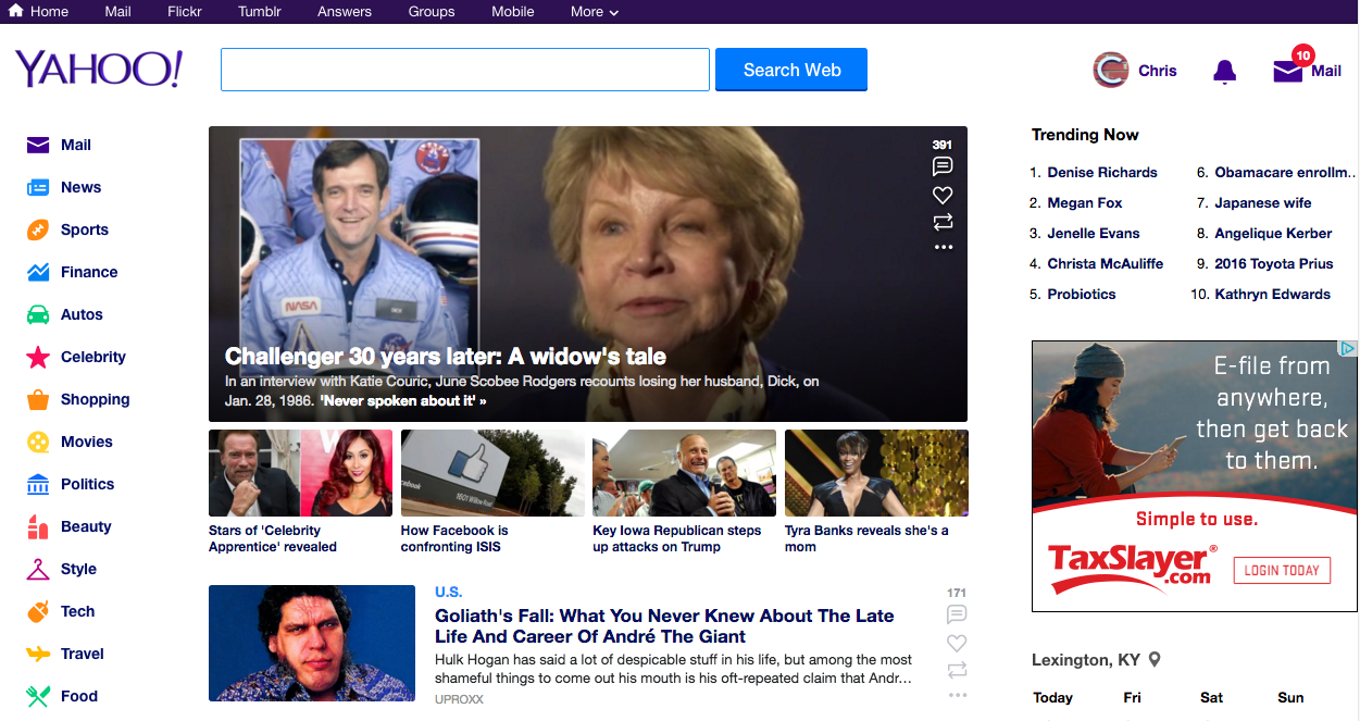 Yahoo Updates App, Homepage