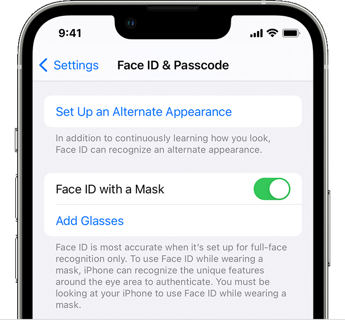 iOS 15.4 Face ID with a Mask Setting - Credit Apple