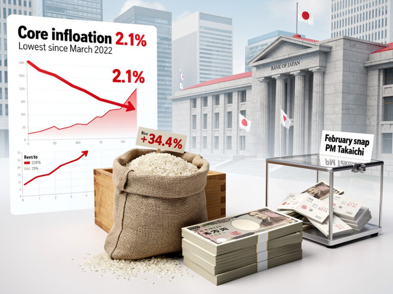 Japan’s Inflation Eases to 2.1%, Rice Surge Threatens Takaichi’s Snap Election Gambit